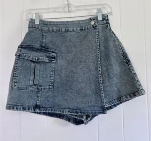Flying Tomato Acid Wash Denim Cargo Skort Blue High Waist Wrap Front New thumbnail 1