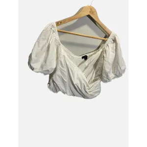 J.Crew Wrap Crop Top Womens XL White‎ Puff Sleeve Smocked Cotton Cottagecore thumbnail 2