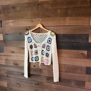 Debut Crochet Granny Square Tie Front Crop Cardigan Boho Festival XS thumbnail 3