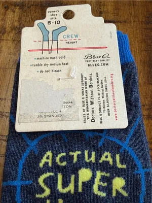 Blue Q Navy Crew Socks with Yellow 'Actual Super Hero' Text thumbnail 5