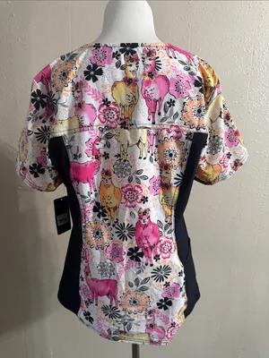 Cherokee V-Neck Scrub Top in Pink, Yellow & Black Floral llama Print thumbnail 7