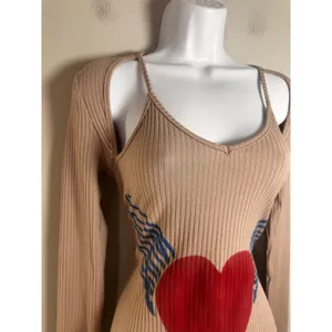 Hot Lava Tan Ribbed Knit 2-Piece Bodycon Dress‎ & Shrug Winged Heart Graphic M thumbnail 3