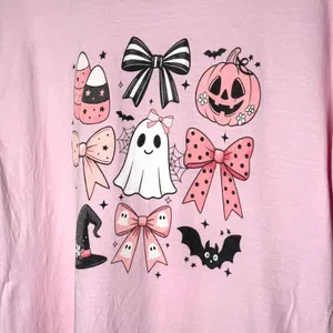 Comfort Colors Halloween Pink Bows and Ghost Tee Shirt thumbnail 5