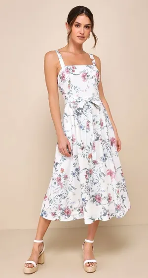 NWT Lulus Sunny Posture Ivory Floral Sleeveless Midi Dress Resort Cruise Size S thumbnail 1