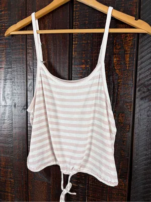 Striped Ribbed Tie-Hem Tank Top in Light Pink & White thumbnail 2