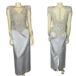 1990s Vintage Ice Blue Beaded Formal Gown Sheer Lace Bodice Custom S-M thumbnail 2