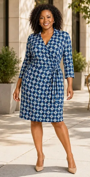Maggy London Size 14 Blue Geometric Faux Wrap Stretch Career Dress thumbnail 1