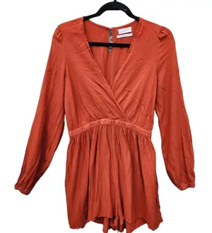 Urban Outfitters Mona Surplice Long Sleeve Romper Sz‎ Medium Rust Orange Viscos thumbnail 1