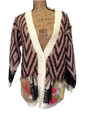 NWT Nylon Apparel Button‎ Front Cardigan Fuzzy Multicolor Fur Pockets Size S/M thumbnail 1