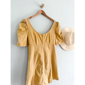 Free People | Cheyenne Denim Mini Dress Sand Dune Yellow Puff Sleeve | Sz L thumbnail 3