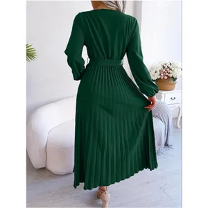 NEW Green Long Sleeve V Neck Loose Fit Pleated Belted Midi Dress XL thumbnail 2