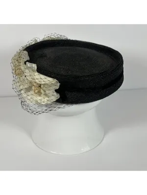 Vintage Union Made Black Pillbox Hat with Cream Floral Accents and Veil thumbnail 2