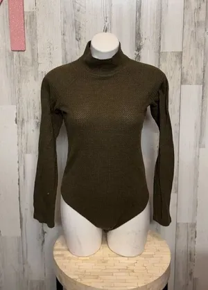 Hem & Thread Olive Green Waffle Knit Mock Neck Bodysuit Women’s Medium thumbnail 1