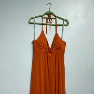 Blaxident Orange Halter Maxi Dress Flowy Empire Waist Sz L thumbnail 3