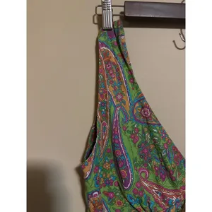 100% Cotton Paisley Mini Dress Green Boho V-Neck Wooden Ring Womens M western‎ thumbnail 3