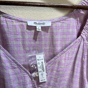 NWT Madewell small Linen-Blend Puff-Sleeve Button-Wrap Top in Plaid thumbnail 2