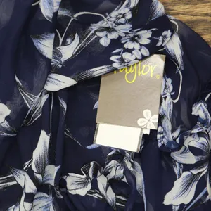 NWT Taylor Floral-Print Chiffon Smocked A-Line Dress 2835M 2 Navy Blue / Ivory thumbnail 7