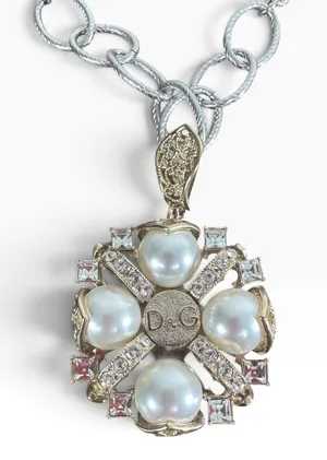 Dolce & Gabbana D&G Gold Tone Pearl Flower Rhinestone Pendant Chain Necklace New thumbnail 1