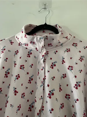 Pink Ditsy Floral Quarter Zip Pullover Cotton Sweatshirt Large Feminine Athletic thumbnail 2