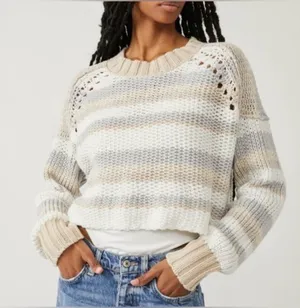 Free People Women's Devon Long Sleeve Striped Cropped Sweater Size XL thumbnail 1