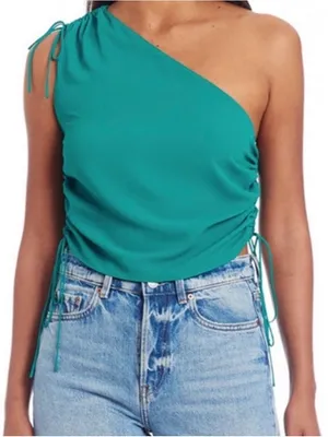 Amanda Uprichard ANIA Teal One-Shoulder Ruched Tie Top - Large thumbnail 1
