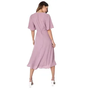 NEW Lulus Farah Pink Mauve V Neck Polka Dot Tie Flutter Sleeve Midi Wrap Dress M thumbnail 4