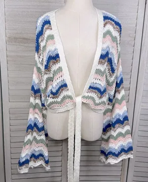 FRANCESCA'S Chevron Stripe Trumpet Sleeve Tie Front Cropped Cardigan-Large thumbnail 1