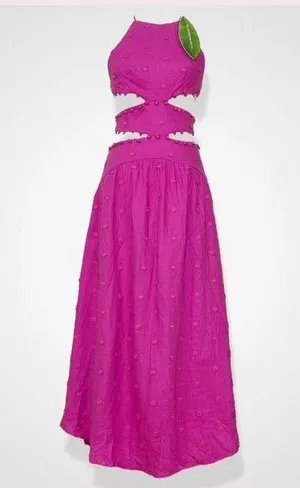 Farm Rio NWT Pink 3D Flower Midi Dress in Linen. Size Large thumbnail 3