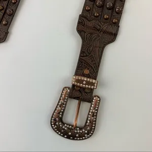 Western Genuine Leather Embossed‎ Studded Belt Vintage Rhinestone Buckle Brown L thumbnail 2