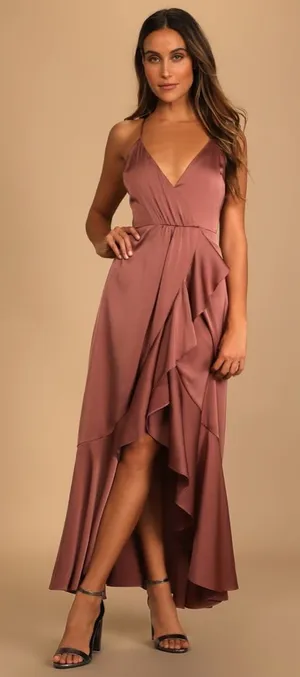 Lulus Enchanted Moments Mauve Pink Satin Ruffle Dress Sz Medium High Low V Neck thumbnail 1