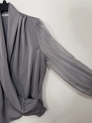 Miss Sparkling Silver Gray Satin Surplice Wrap Blouse Draped Long Sleeve Top thumbnail 5