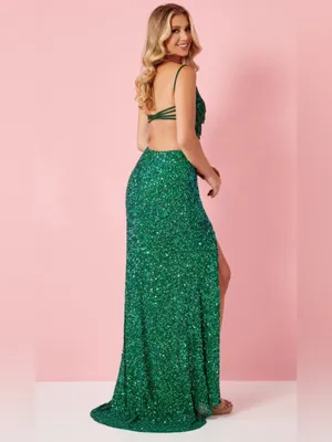 Rachel Allan Stunning Emerald Green Sequin Fringe Cutout formal Gown Size 6 thumbnail 2