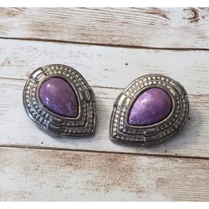 Vintage Clip On Earrings Extra Large Statement Purple & Silver Tone - Tarnished thumbnail 2