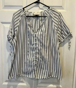 Universal‎ Thread Blue White Striped Cotton Button Down Puff Sleeve Blouse Large thumbnail 1