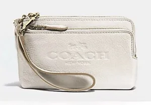 Coach Double Corner Double Zip Wristlet Pebbled Leather Chalk/Light Gold thumbnail 1