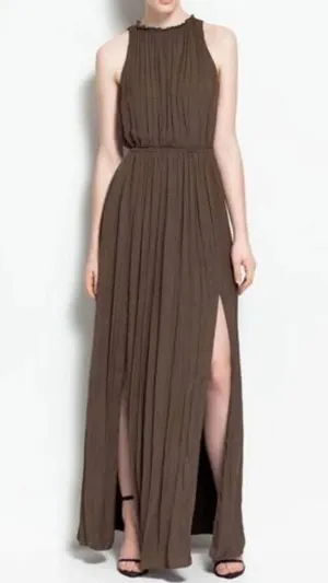 Zara Empire Waist Brown Satin Open Back Slit Maxi Dress Size XS thumbnail 1