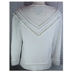 Saylor White Knit Boat Neck Sweater V-Panel Eyelet Fringe Detail Small thumbnail 2