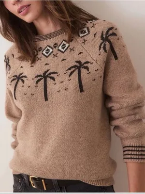 Marine Layer Archive Avalon Fair‎ Isle Palm Trees Cotton Wool Blend Crew Sweater thumbnail 1