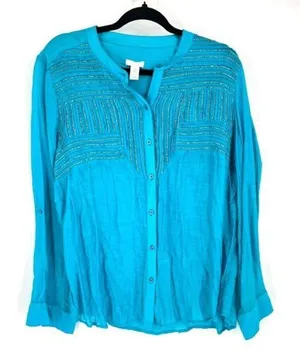 Chico’s Women's Pin Tuck Silver‎ Sequin Roll Tab Sleeves Blouse Turquoise large thumbnail 1