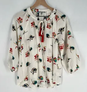 Lemon Tart Floral Print Women's‎ Crepe Chiffon Top Tassel Tie Neck 3/4 Sleeve S thumbnail 1