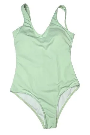 Zaful Sage Green Crinkle Ribbed One Piece Deep Scoop Neck One Piece Swimsuit S thumbnail 1