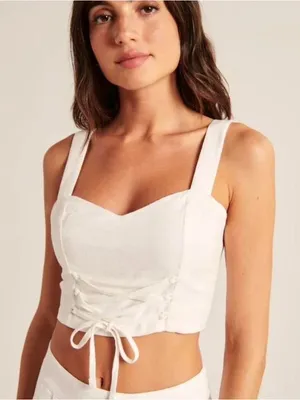 Abercrombie & Fitch White Lace Up Front Linen Blend Crop Tank thumbnail 1