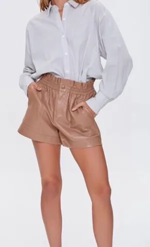 Forever 21 High-Waist Faux Leather Paperbag Shorts - Tan thumbnail 1