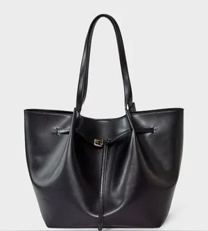 A New Day Black Belted Pinched Handle Large Tote Bag Faux Leather Snap Closure thumbnail 1