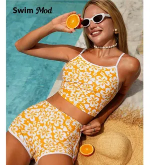 NWT Swim Mod Women's Swimwear Set, Ditsy Floral Yellow Spaghetti Strap Crop Top thumbnail 2