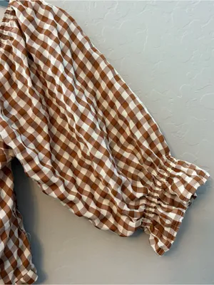 Indigo Rising brown white gingham plaid tie front ruffled crop top medium thumbnail 9