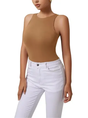 High Neck Sleeveless Bodysuit in Camel Brown thumbnail 3