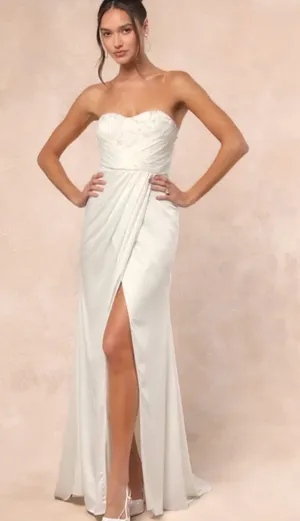 Lulu's Ivory Strapless beaded Sweetheart Gown with Draped Front Slit thumbnail 1