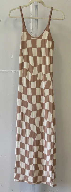 Peppermayo Wavy Checkerboard Knit Midi Dress Tan Cream S/M Sleeveless Bodycon thumbnail 1