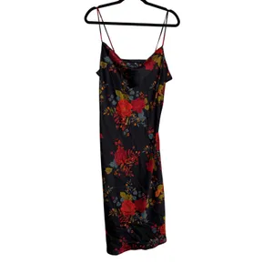 Sara Michelle Floral Satin Cowl Neck Midi Slip Dress Black Red Wedding Guest‎ LG thumbnail 3